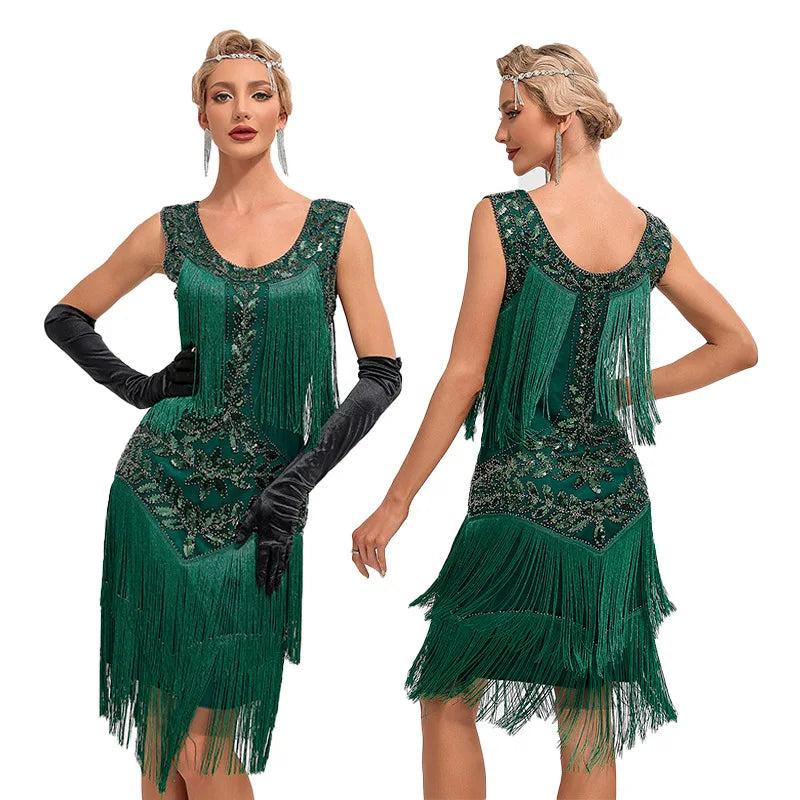 Robe Charleston Année 20 verte face et dos