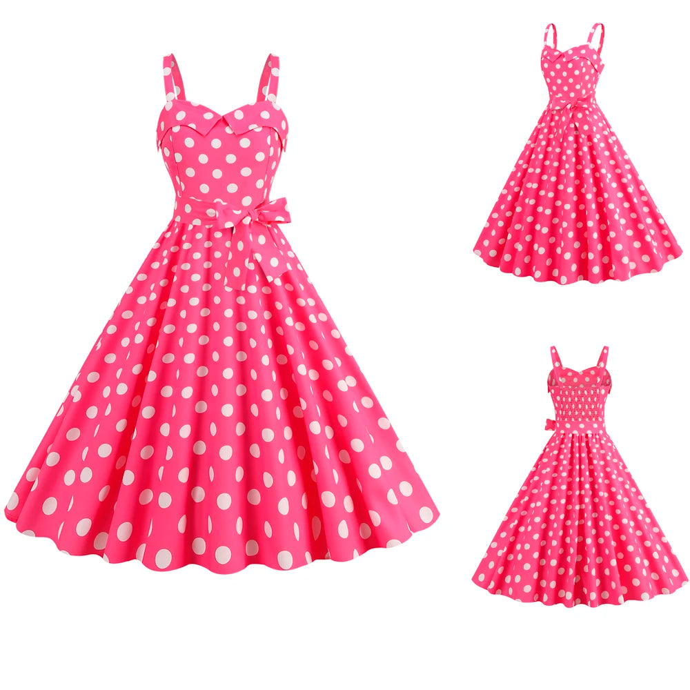 Robe Rétro Pin-Up à Pois Rose Vif