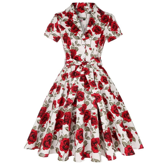 Robe Année 50 - Floral Rouge