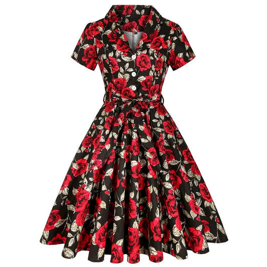 Robe Vintage Année 50 - Roses Rouges